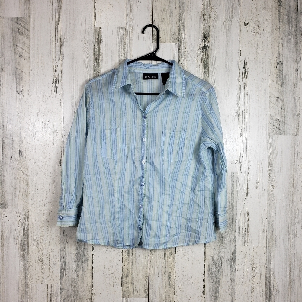 NY&C blue, yellow striped womans button down shirt size large